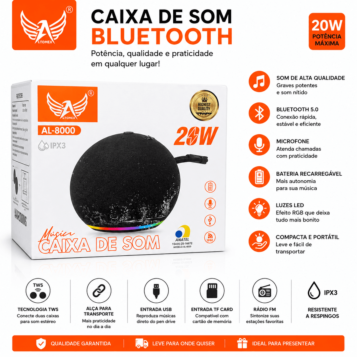 Caixa de Som Bluetooth ATOMEX AL-8000 20W RGB TWS IPX3 Portátil