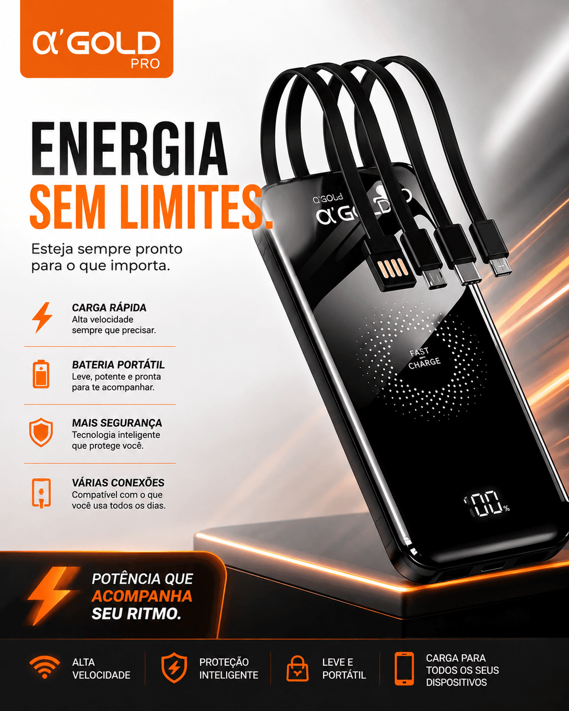 Power Bank α’GOLD PRO BTE-17 – 10.000mAh com Indução 10W e Cabos Integrados