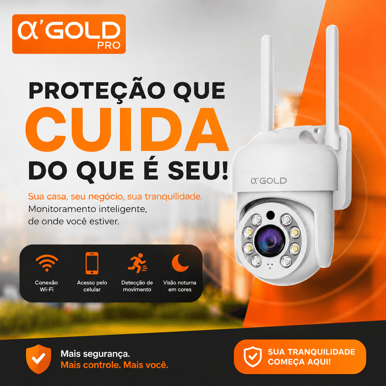 Câmera Inteligente Wi-Fi α’GOLD PRO CAM-03 HD com Visão Noturna Colorida, Áudio e Detecção de Moviment