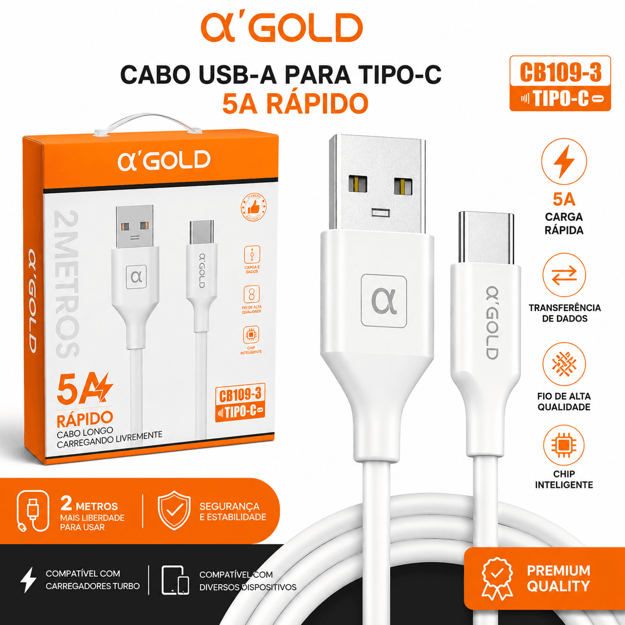Cabo USB-A para USB-C Tipo-C α’GOLD CB109-3 5A 2 Metros Carga Rápida e Dados