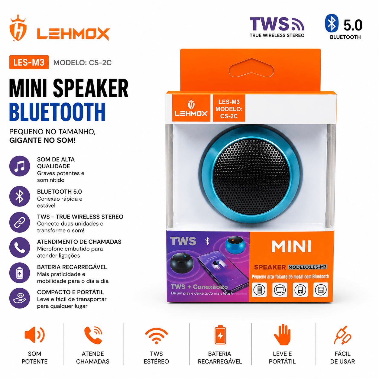 Mini Caixa de Som Bluetooth LEHMOX LES-M3 TWS Portátil Recarregável