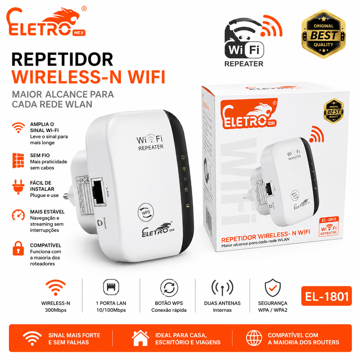 Repetidor de Sinal Wi-Fi Wireless-N Eletro Mex EL-1801 300Mbps com WPS e Porta LAN