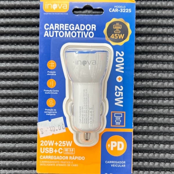 Carregador veicular USB+USB-C CAR-3225 INOVA